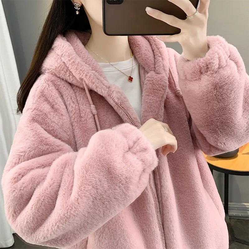 Womens Solid-Color Plush Winter Coat With Hood - Stylish Trench Coat
