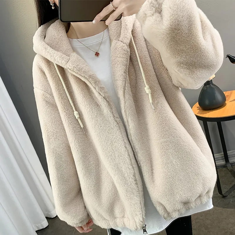 Womens Solid-Color Plush Winter Coat With Hood - Stylish Trench Coat
