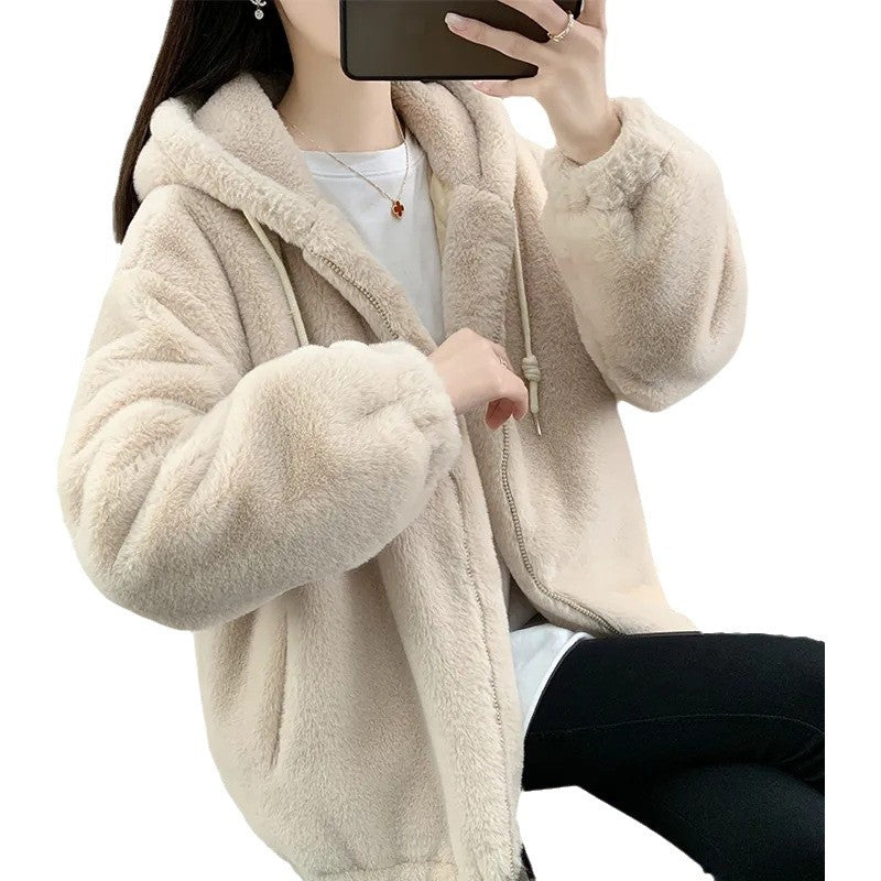 Womens Solid-Color Plush Winter Coat With Hood - Stylish Trench Coat