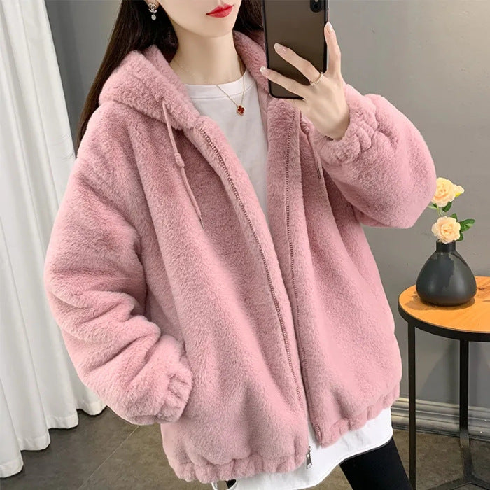Womens Solid-Color Plush Winter Coat With Hood - Stylish Trench Coat