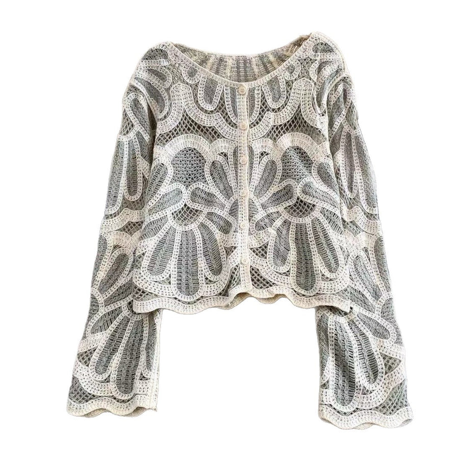 Loose-fitting Long-sleeve Hollow-out Knitted Cardigan Top