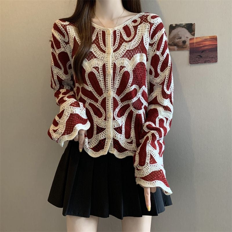 Loose-fitting Long-sleeve Hollow-out Knitted Cardigan Top