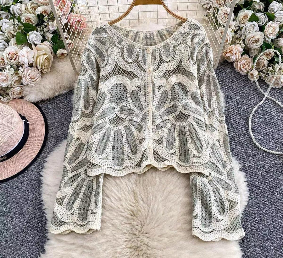 Loose-fitting Long-sleeve Hollow-out Knitted Cardigan Top