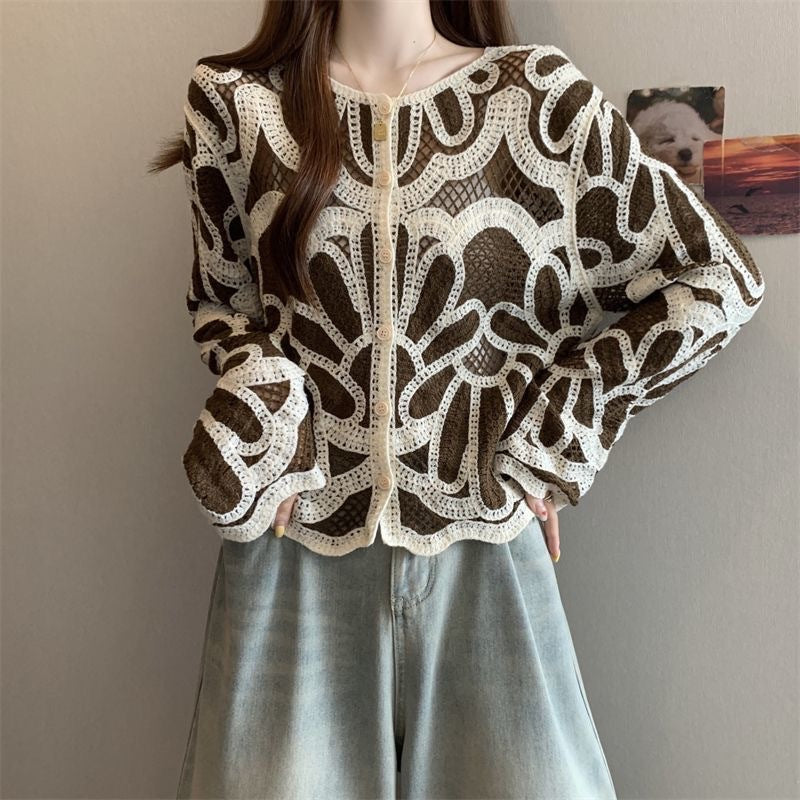 Loose-fitting Long-sleeve Hollow-out Knitted Cardigan Top