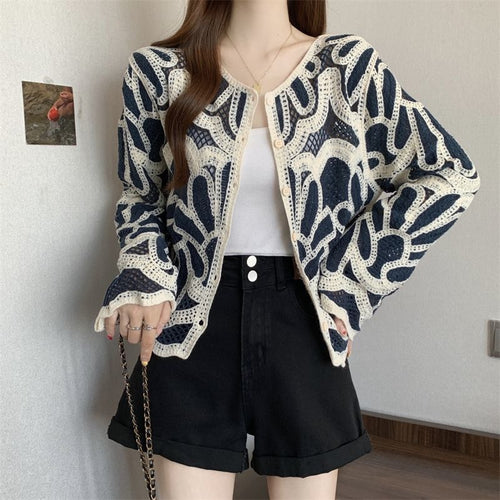 Loose-fitting Long-sleeve Hollow-out Knitted Cardigan Top