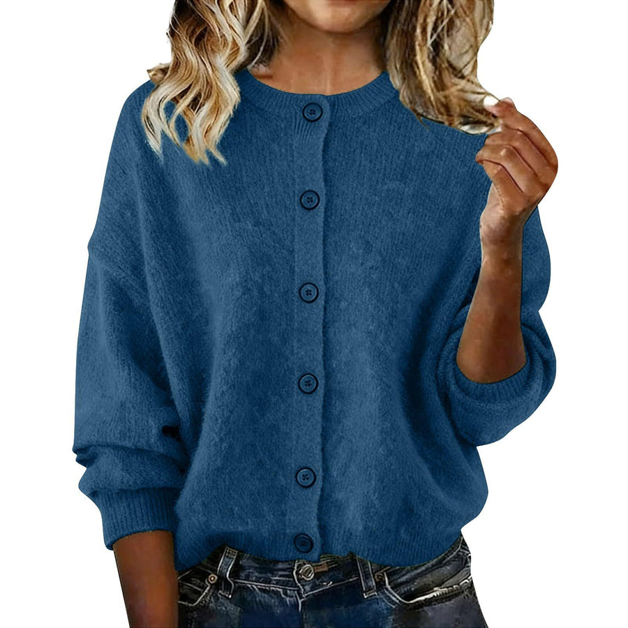 Chic Solid-Color Round-Neck Long-Sleeve Cardigan