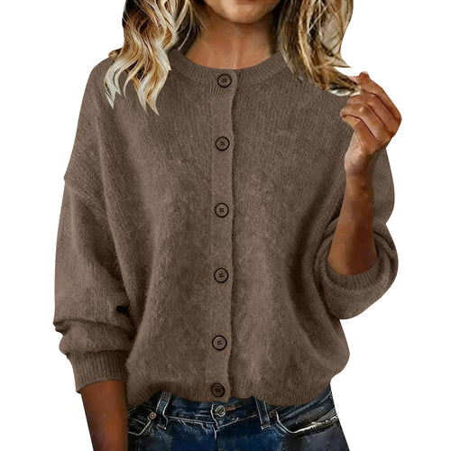 Chic Solid-Color Round-Neck Long-Sleeve Cardigan