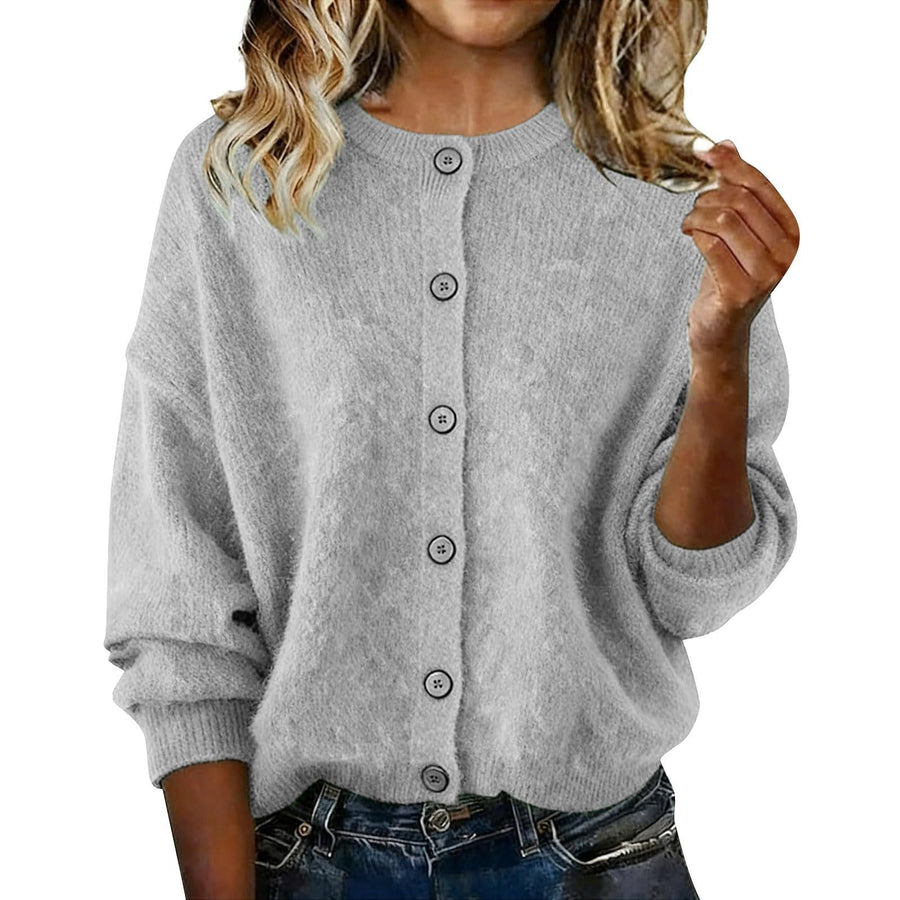 Chic Solid-Color Round-Neck Long-Sleeve Cardigan
