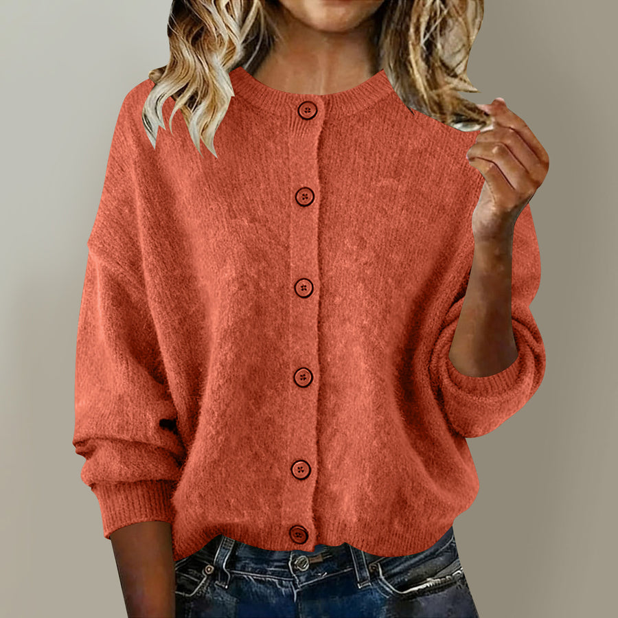 Chic Solid-Color Round-Neck Long-Sleeve Cardigan