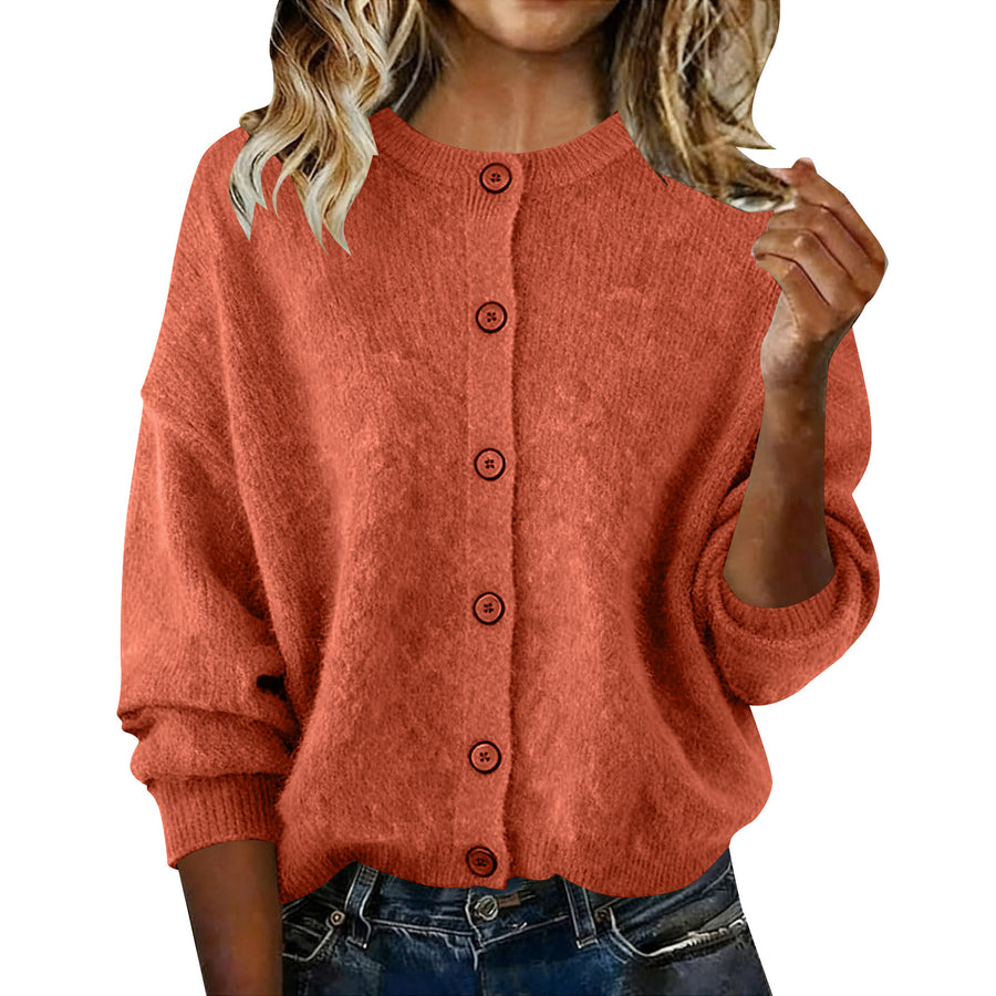 Chic Solid-Color Round-Neck Long-Sleeve Cardigan