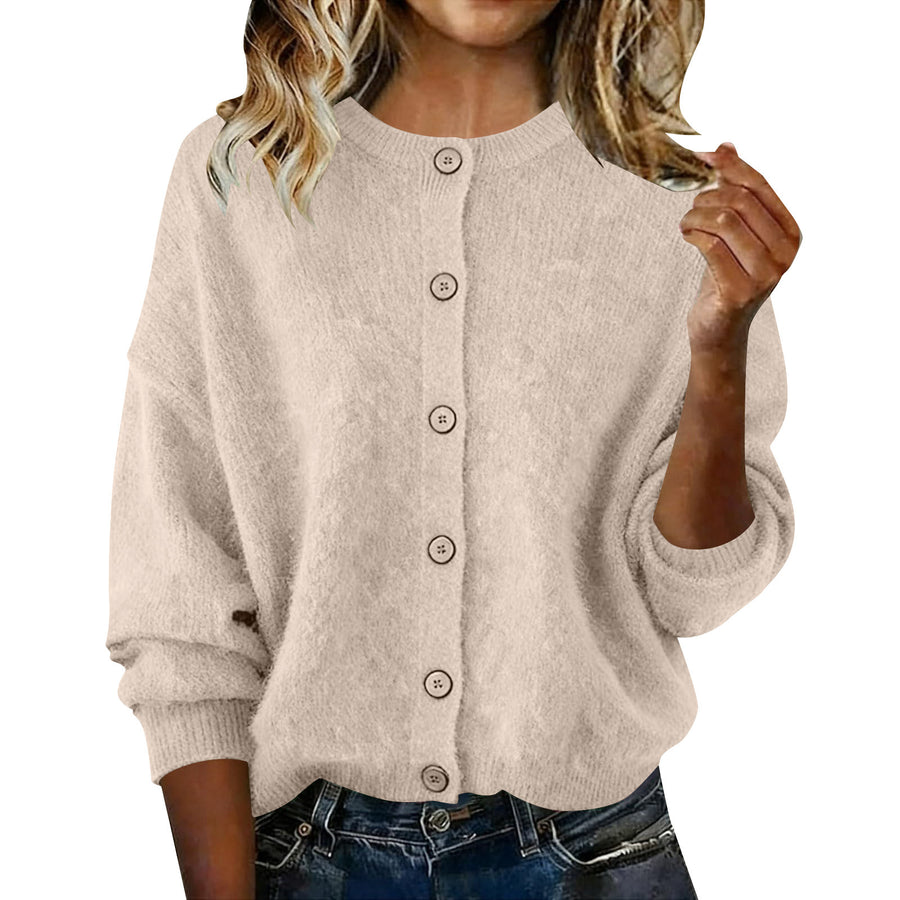 Chic Solid-Color Round-Neck Long-Sleeve Cardigan