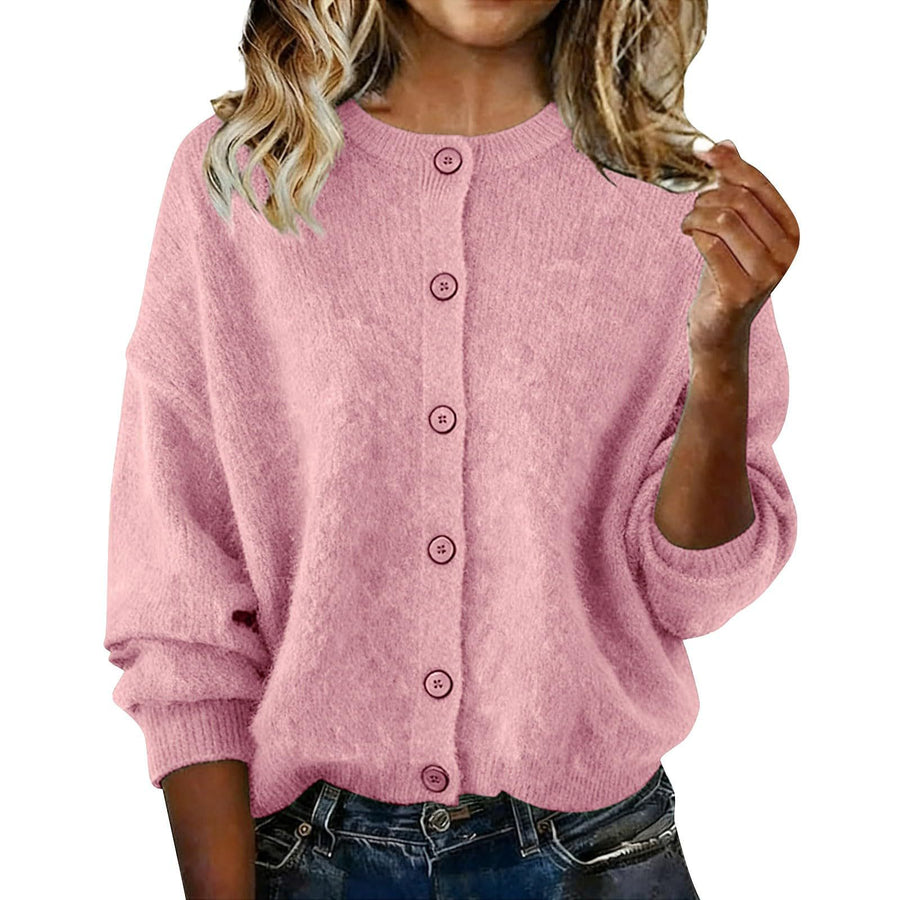 Chic Solid-Color Round-Neck Long-Sleeve Cardigan