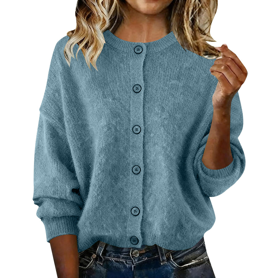 Chic Solid-Color Round-Neck Long-Sleeve Cardigan