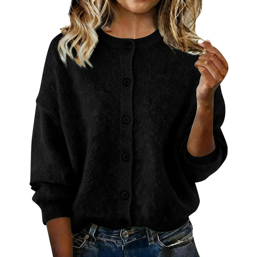 Chic Solid-Color Round-Neck Long-Sleeve Cardigan