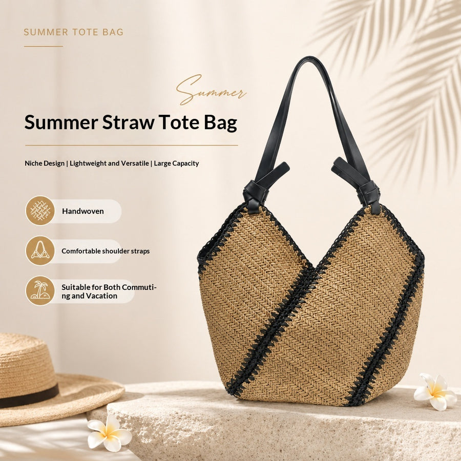Striped Straw Versatile Handmade Woven Bag - Large Capacity