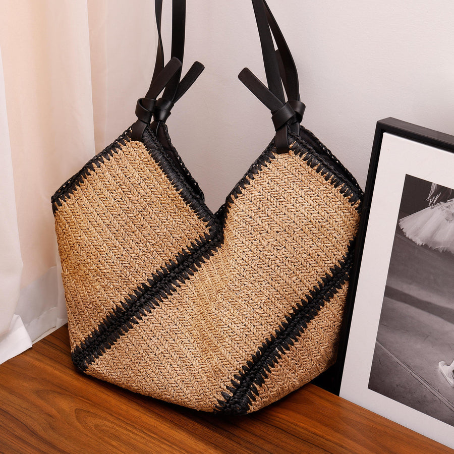 Striped Straw Versatile Handmade Woven Bag - Large Capacity