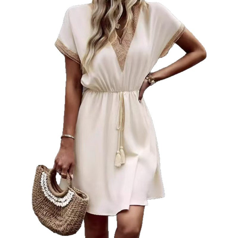 Lace-trimmed V-neck Waist-cinching Dress for Women