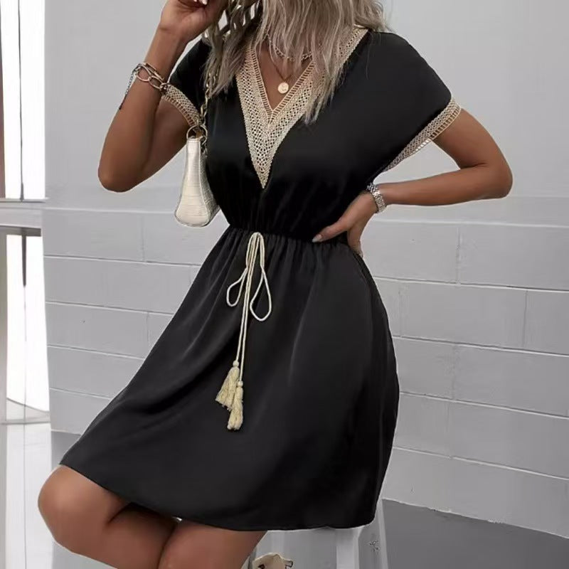 Lace-trimmed V-neck Waist-cinching Dress for Women