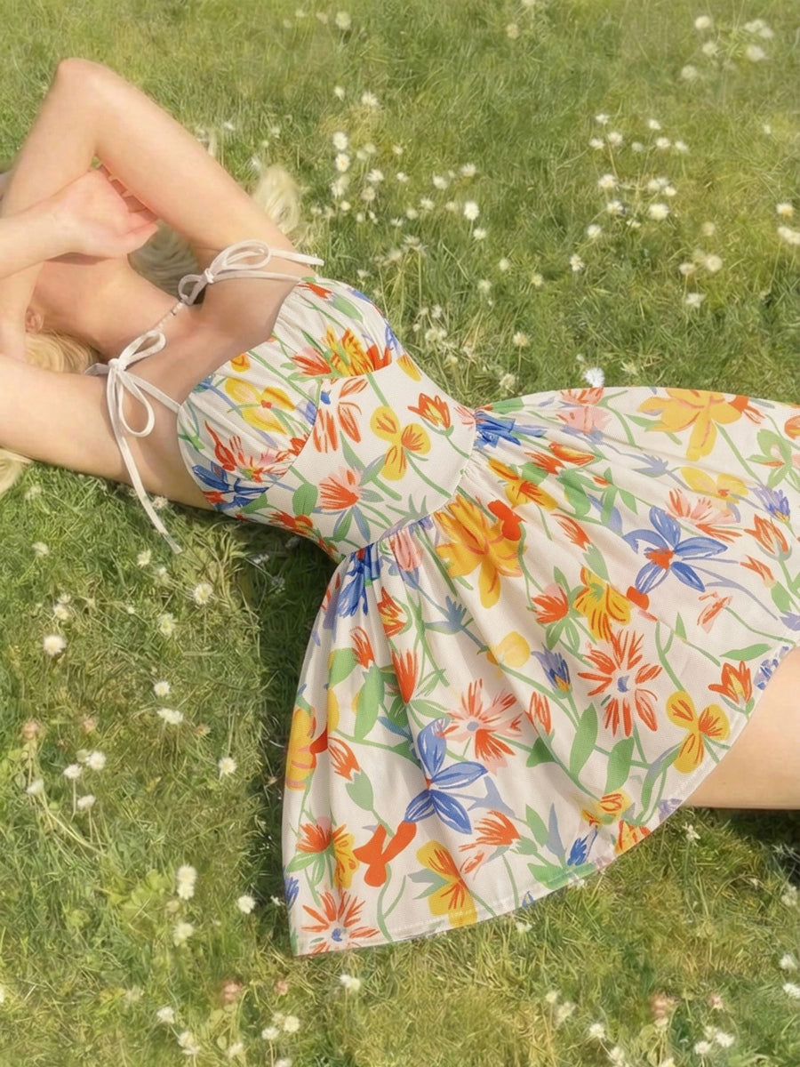 Fitted-Waist Lace-Up Floral-Print Slip Dress for Ladies