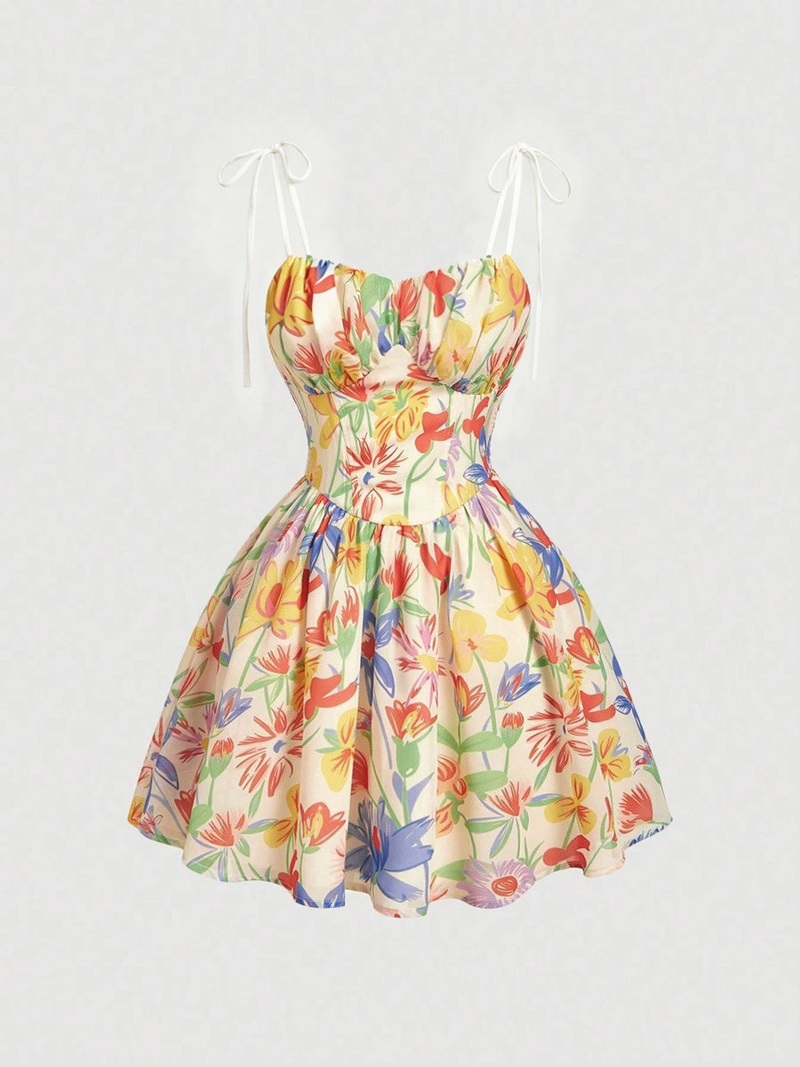 Fitted-Waist Lace-Up Floral-Print Slip Dress for Ladies