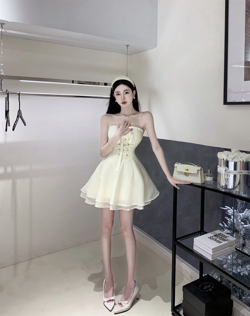 One-Shoulder Strapless Puff-Sleeve Princess Dress