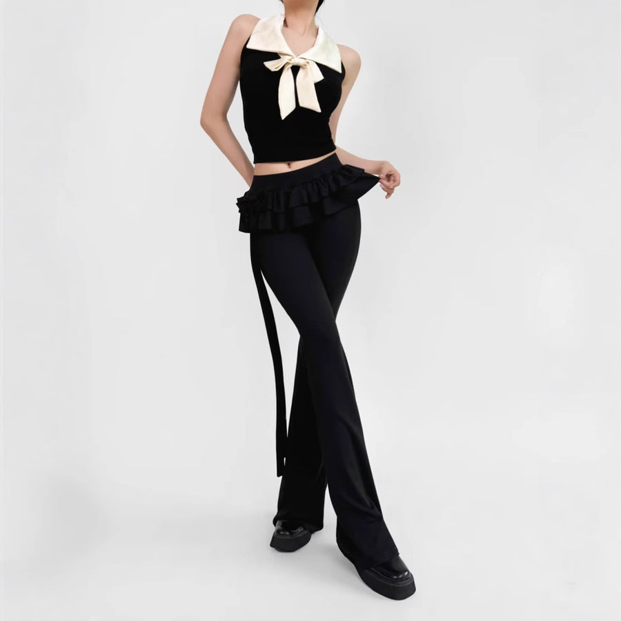 Fake Two-piece Bow-tie Lace-up Low-rise Flared Pants for Women