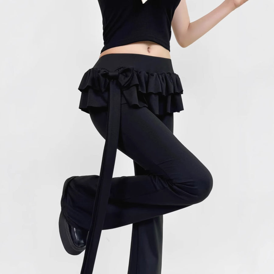 Fake Two-piece Bow-tie Lace-up Low-rise Flared Pants for Women