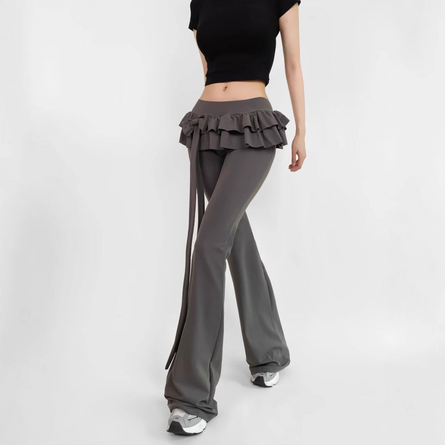 Fake Two-piece Bow-tie Lace-up Low-rise Flared Pants for Women