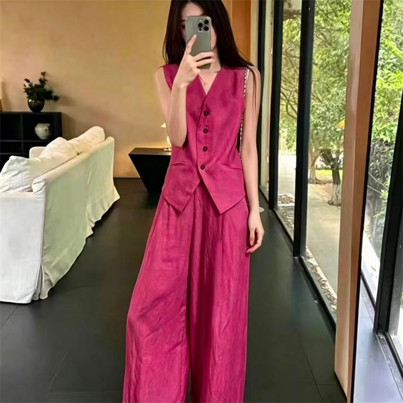 Womens Vest and Wide-Leg Pants Two-Piece Set for Effortless Style