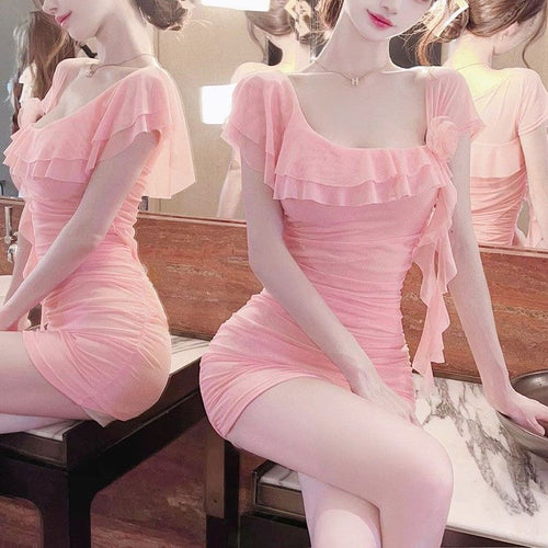 Mesh Tassel Dress with Waist-Cinching Pleated Skirt