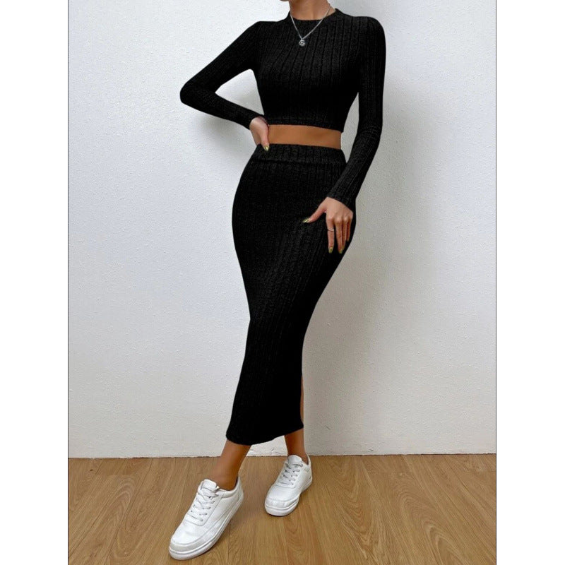 Casual Chic Crew-neck Long-sleeve Sheath Dress Knit Set