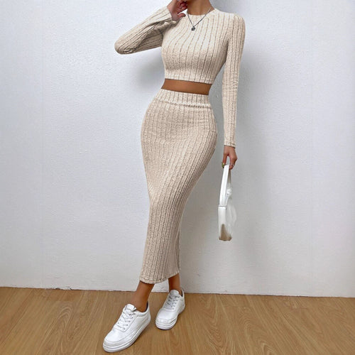 Casual Chic Crew-neck Long-sleeve Sheath Dress Knit Set