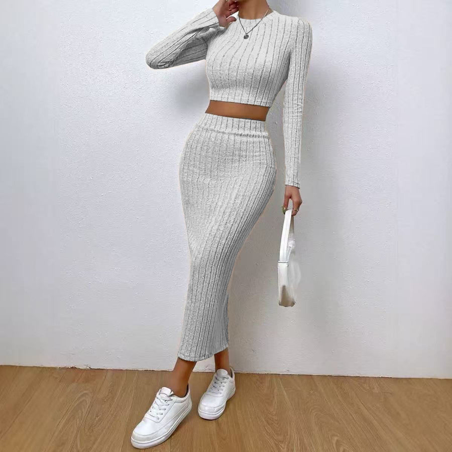 Casual Chic Crew-neck Long-sleeve Sheath Dress Knit Set