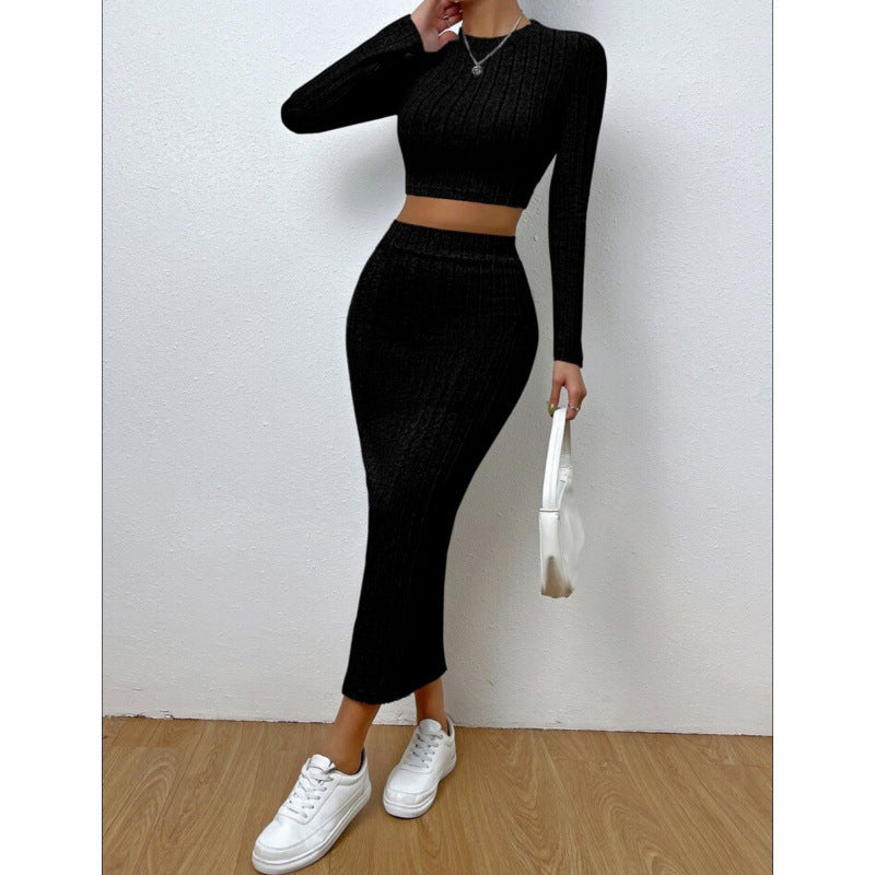 Casual Chic Crew-neck Long-sleeve Sheath Dress Knit Set