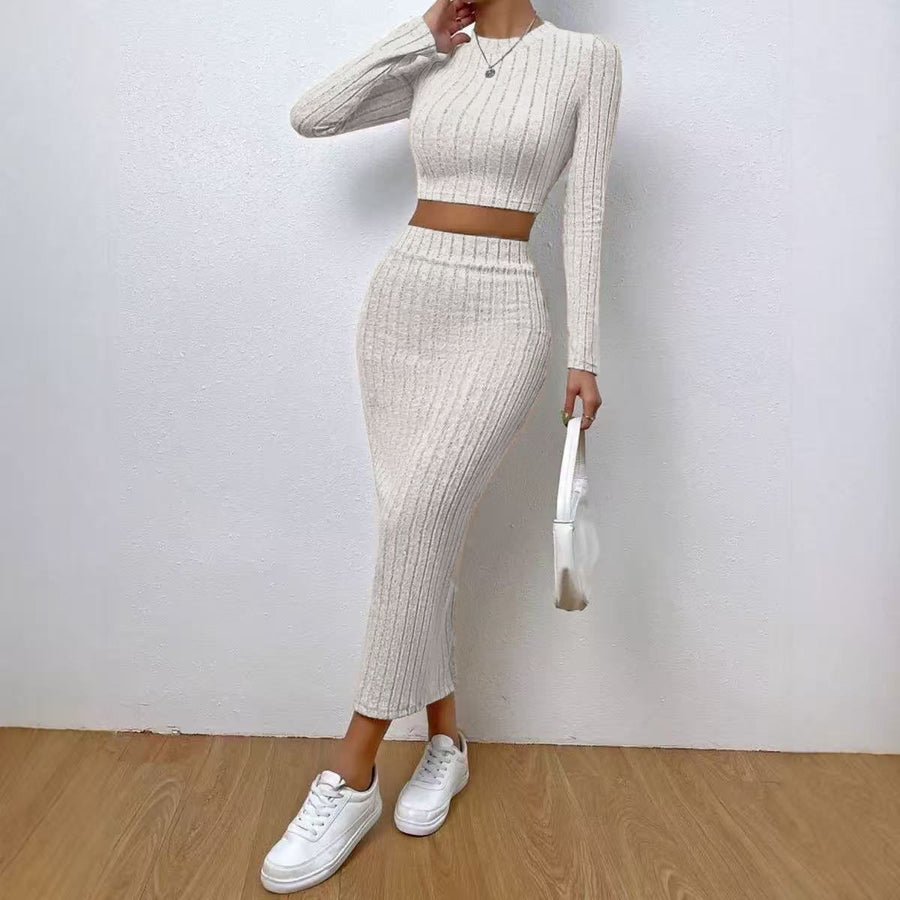 Casual Chic Crew-neck Long-sleeve Sheath Dress Knit Set