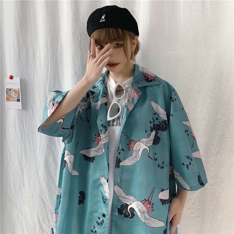 Niche-designed All-over Crane Print Summer Short-sleeve Shirt