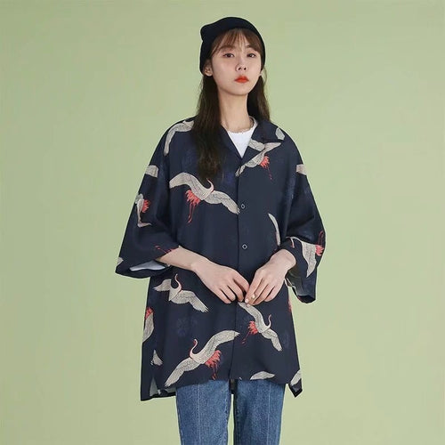Niche-designed All-over Crane Print Summer Short-sleeve Shirt