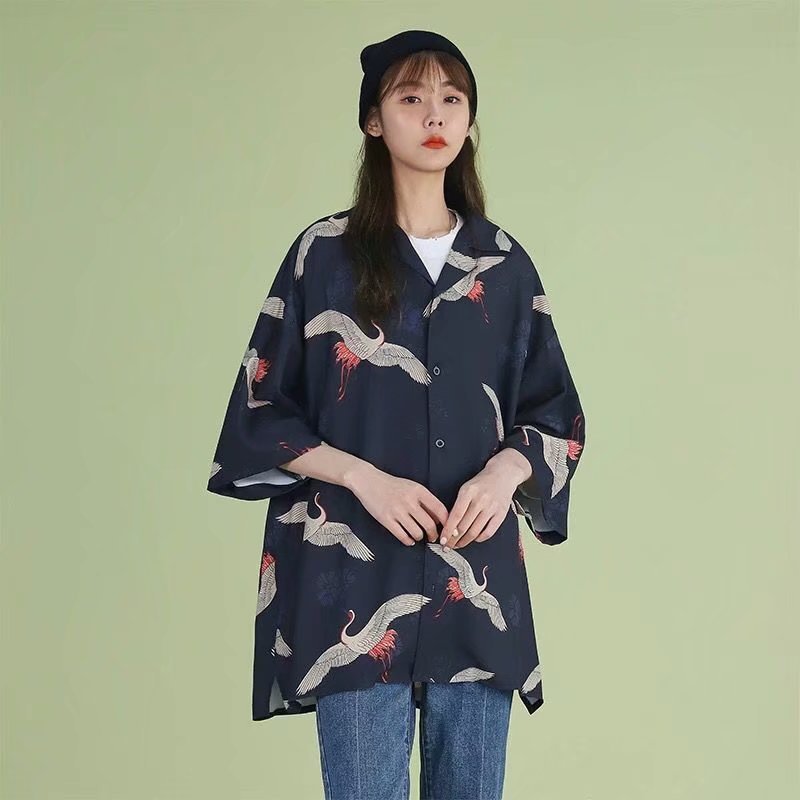 Niche-designed All-over Crane Print Summer Short-sleeve Shirt