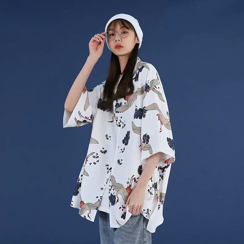 Niche-designed All-over Crane Print Summer Short-sleeve Shirt