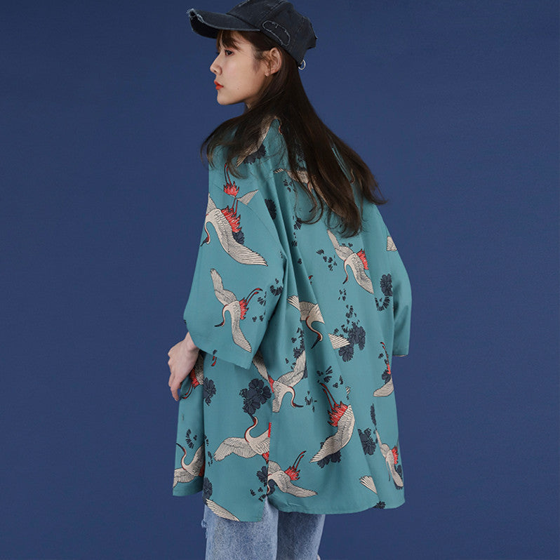 Niche-designed All-over Crane Print Summer Short-sleeve Shirt