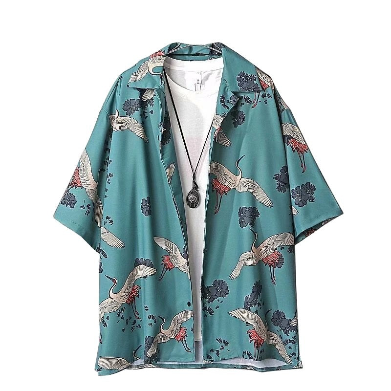 Niche-designed All-over Crane Print Summer Short-sleeve Shirt