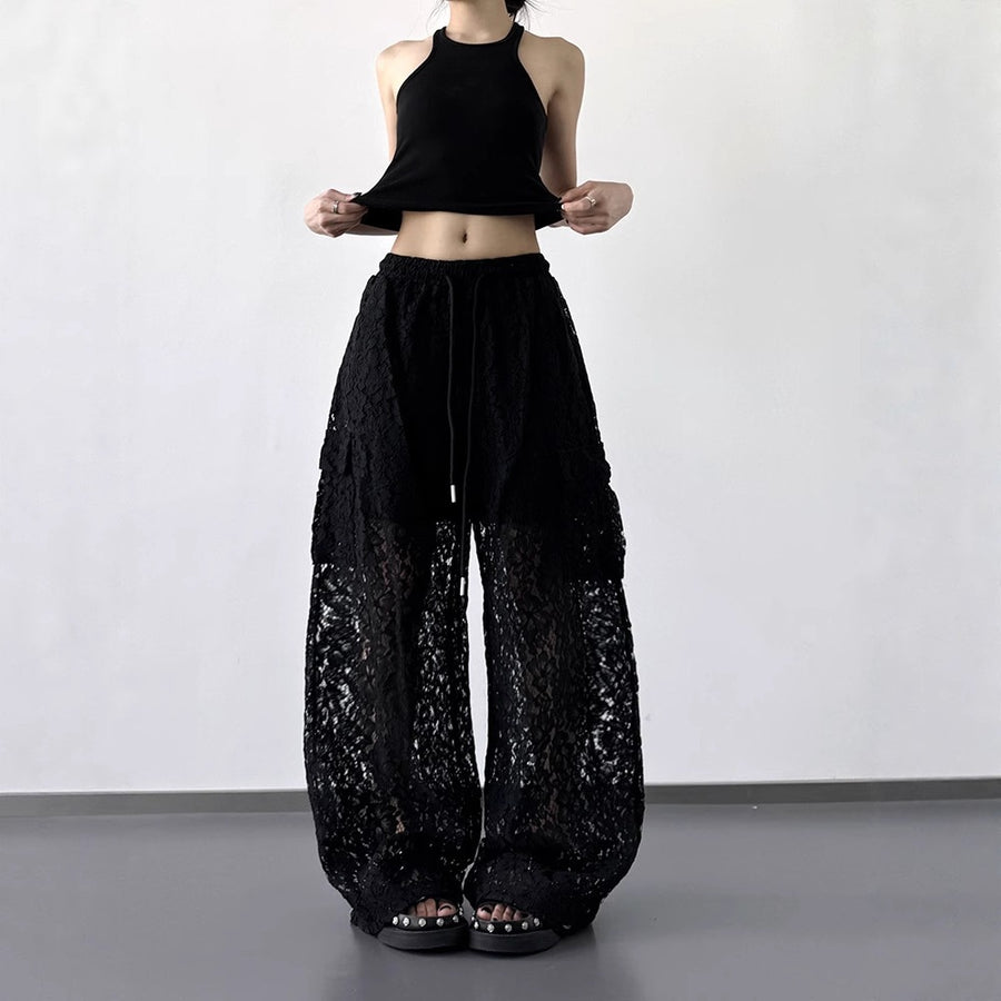 Womens Versatile Patchwork Hollow-out Lace Wide Leg Pants