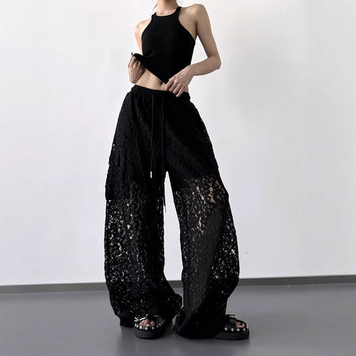 Womens Versatile Patchwork Hollow-out Lace Wide Leg Pants