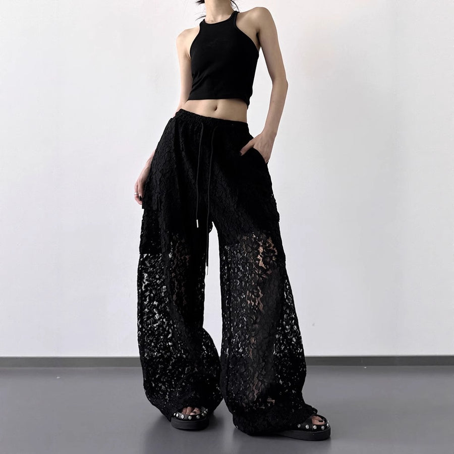 Womens Versatile Patchwork Hollow-out Lace Wide Leg Pants