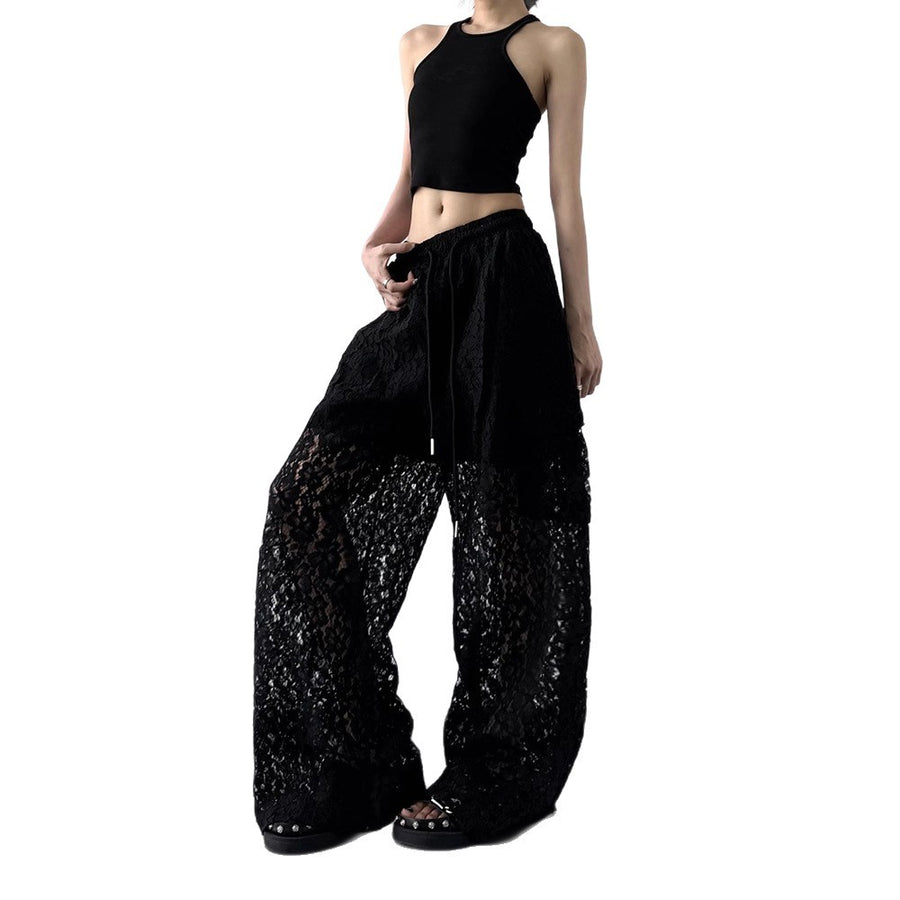 Womens Versatile Patchwork Hollow-out Lace Wide Leg Pants