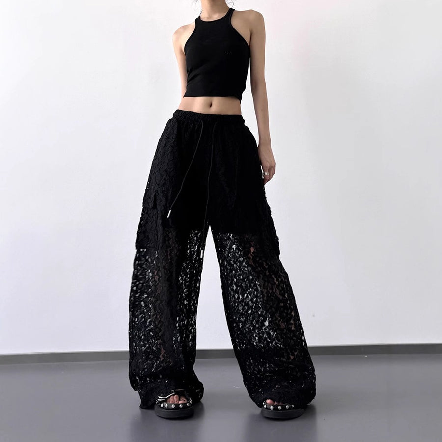 Womens Versatile Patchwork Hollow-out Lace Wide Leg Pants
