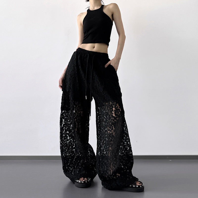 Womens Versatile Patchwork Hollow-out Lace Wide Leg Pants