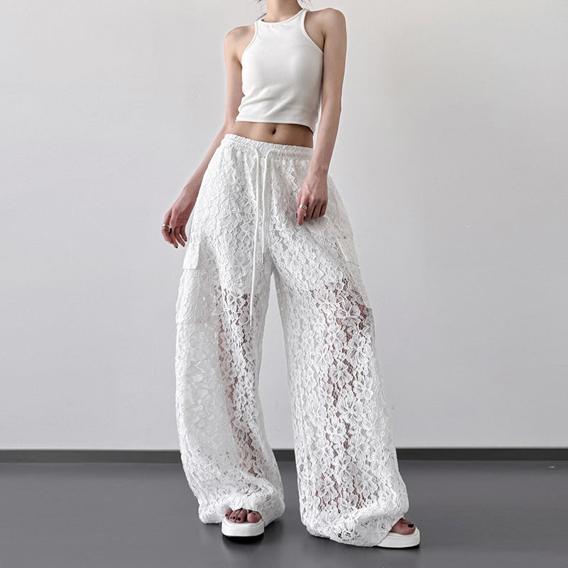 Womens Versatile Patchwork Hollow-out Lace Wide Leg Pants