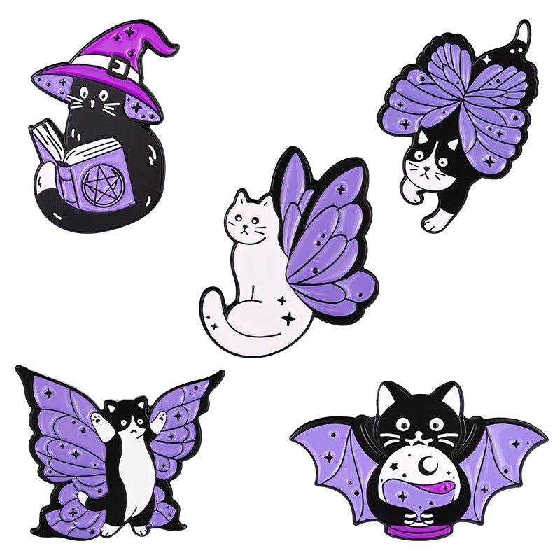 Purple Cat With Butterfly Wings Alloy Brooch - Cute Accessory