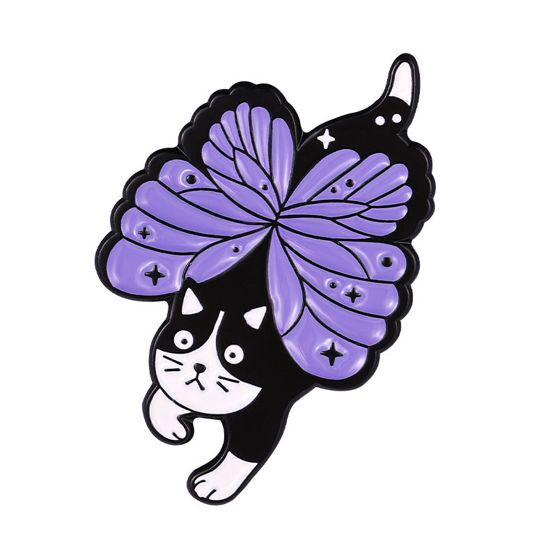 Purple Cat With Butterfly Wings Alloy Brooch - Cute Accessory